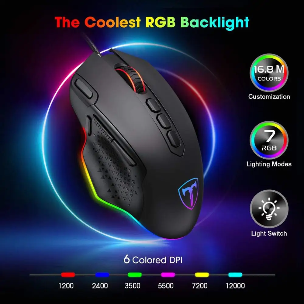 pictek 12000dpi wired gaming mouse gamer ergonomic mouse usb with rgb backlit 10 buttons for windows computer mice free global shipping