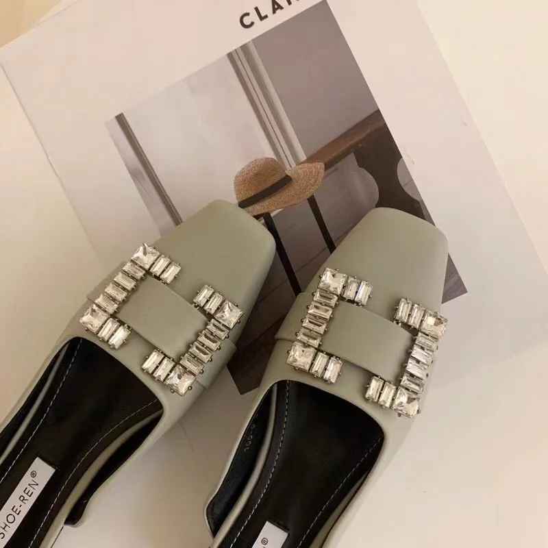 

Women Slippers Square Toe Slides Slip On Flats Heeled Rhinestone Crystal Slippers Mules Flip Flops Summer Sandals Pumps Slides