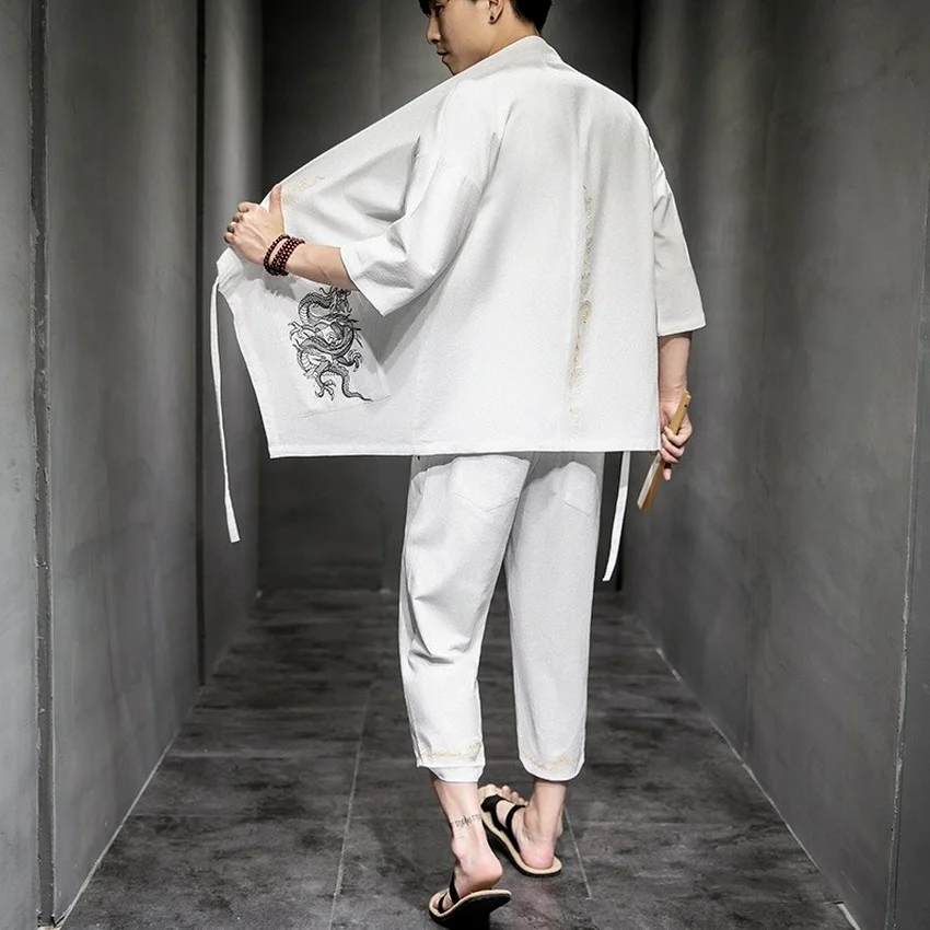 

Japanese Traditional Clothes for Men Haori Set Kimono Man Vintage Dragon Print Casual Loose Cardigan Trousers Samurai Streetwear