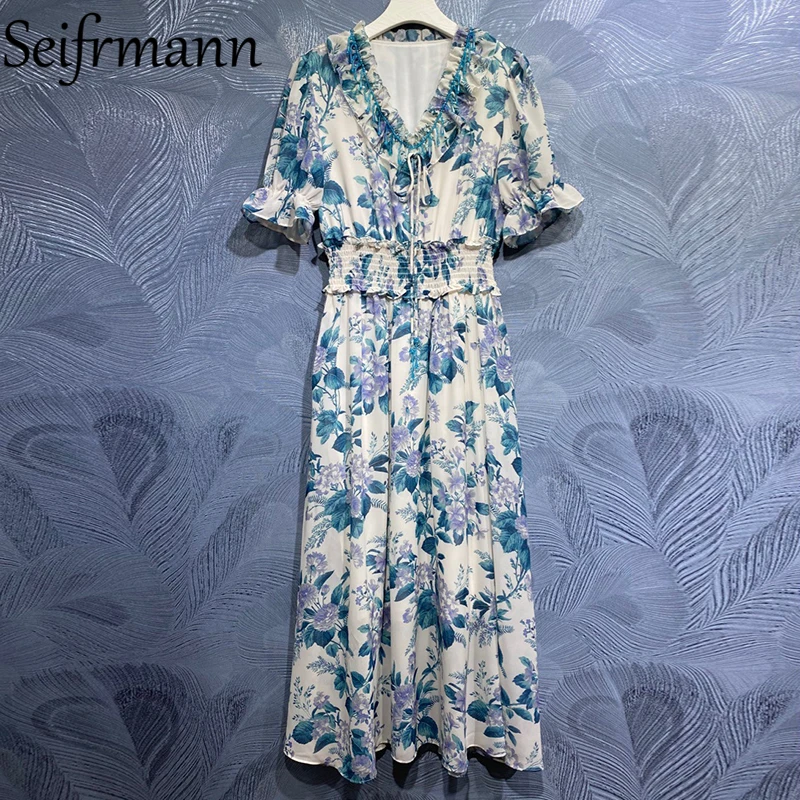 

Seifrmann New 2021 Summer Women Fashion Runway Party Long Dress Flare Sleeve Gorgeous Ruffles Beading Floral Print A-Line Dress