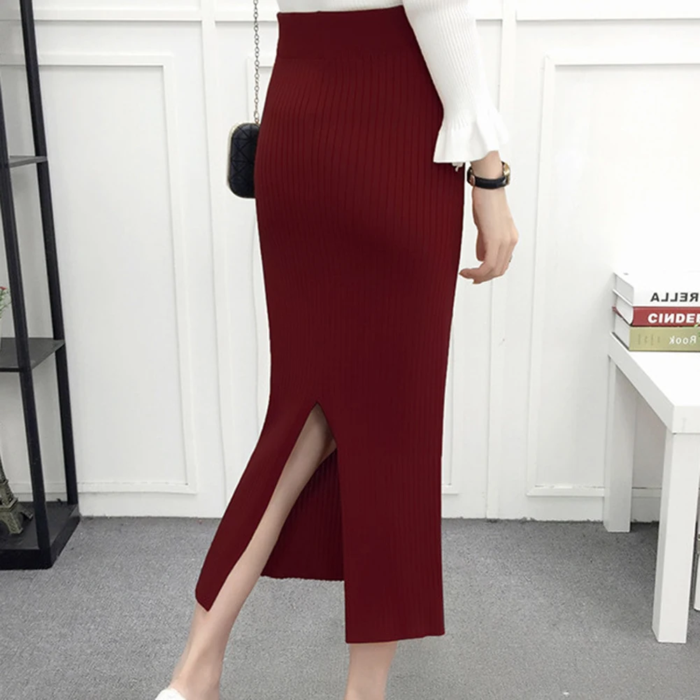 

12.12 Lowest price Women Solid Color Elastic Waistband Back High Slit Ribbed Knitted Long Skirt Xmas Gifts