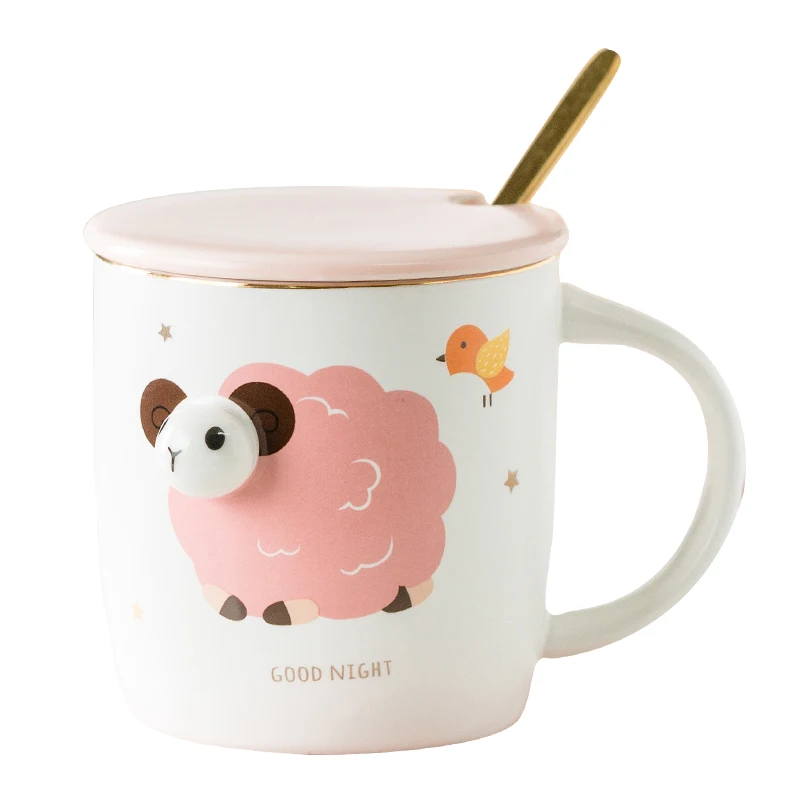 

Ceramic Pink Coffee Mug Modern Design Korean Style Cartoon Funny Mug Spoon Included with Lid Taza Cafe Kitchen Supplies EB50MK