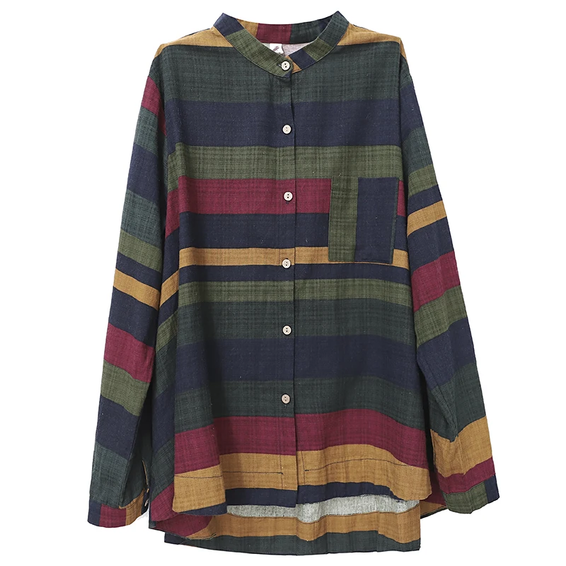 

Mori Girl Spring Autumn Cotton and Linen Shirt Tops Women Long Sleeve Loose Striped Stand Collar Blouse