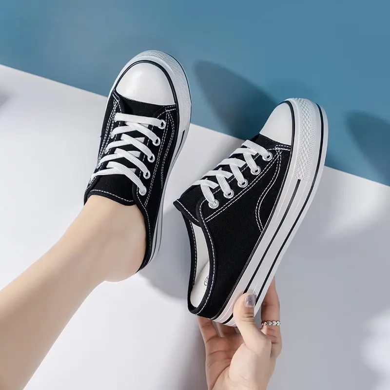 

2021 Summer New Internally Increased Canvas Shoes Female Korean Version of The Wild Half-drag Lazy Shoes Thick-soled Cloth Shoes