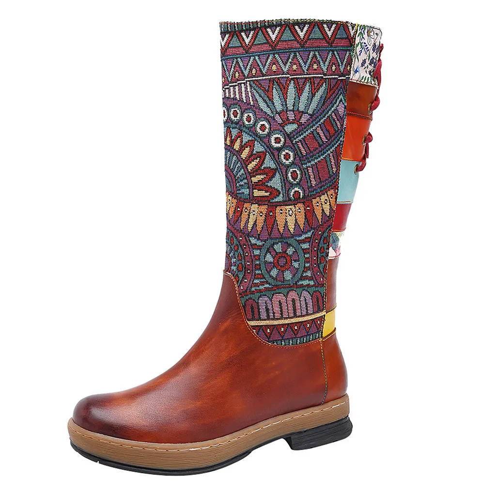 Женские ботинки до середины икры в богемном стиле ретро коллекция 2019 года зимняя