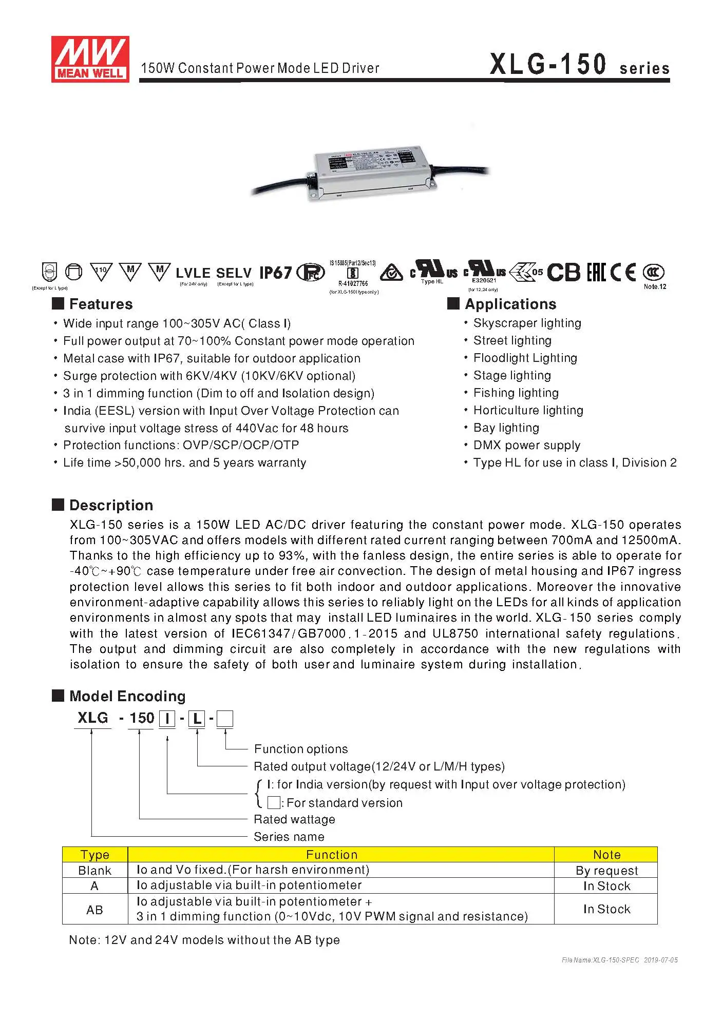 MEAN WELL 150W Светодиодный драйвер с режимом постоянной мощности XLG-150-H-A