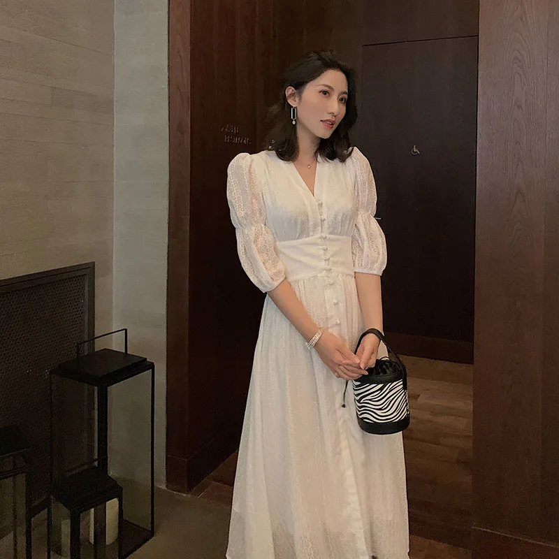 Платье женское винтажное белое с рукавом фонариком|Женские платья| |