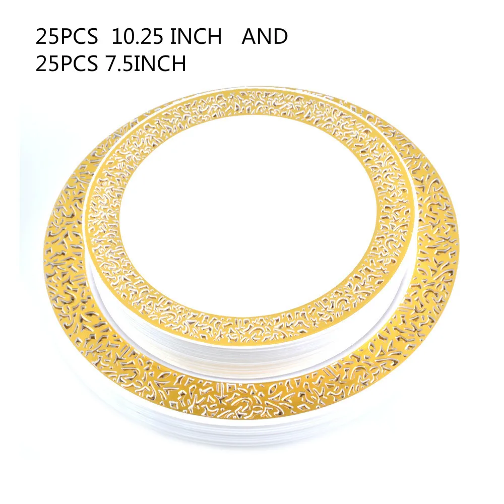 50 шт. одноразовых тарелок пластиковые тарелки тарелка для обеда с золотым