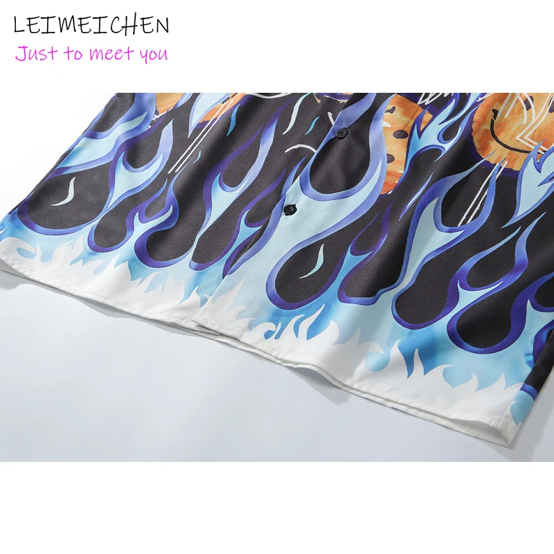

2021 Spring Harajuku Retro Short Sleeve Shirt Men/Women Smiley Print Blue Flame High Street Hip-Hop T-shirt Youth Couple Shirt
