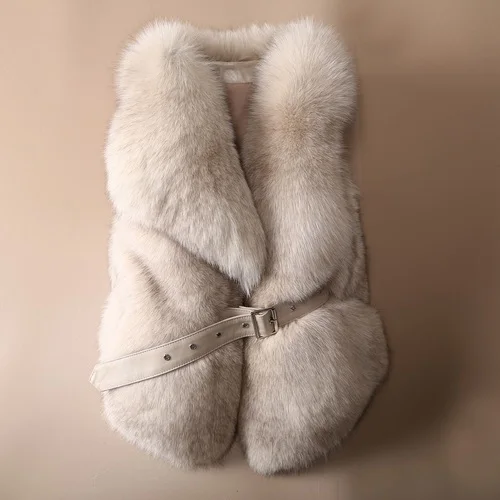 khaki OFTBUY жилет из натурального Лисьего меха Повседневная женская зимняя безрукавка v-образный вырез пальто из натурального меха толстый теплый пояс уличная верхняя одежда - Цвет: khaki