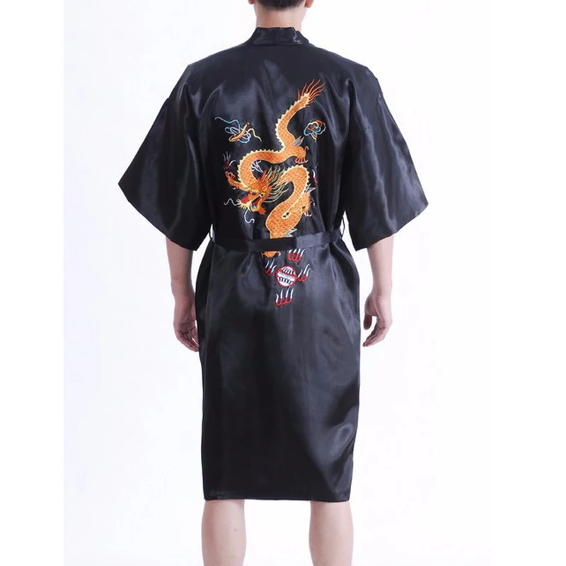 Черный халат вышитый с рисунком драконов кимоно платье на Ночное Китайский