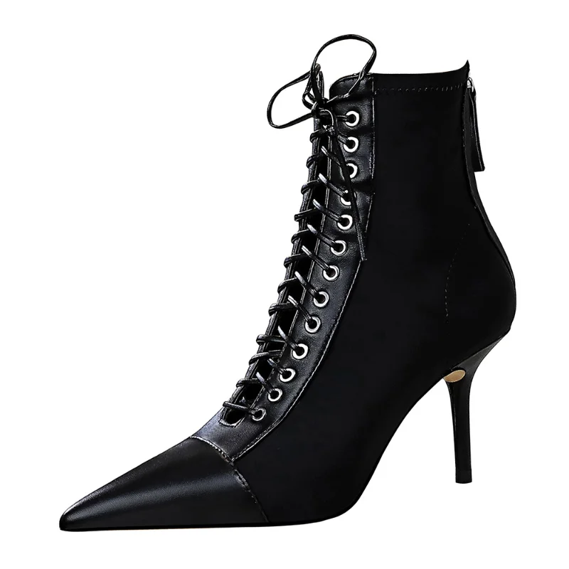 

N07 Female High-heeled Restore Ancient Ways Tie Hollow Out Cross Tie Strap Pointed Pedicure To Show Thin Sexy Female Ankle Boots