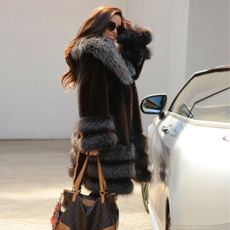 Luxury Natural Mink Fur Coat For Women WInter Long Genuine Mink Fur Jacket With Sliver Fox Fur Collar And Bottom Fashion Outwear