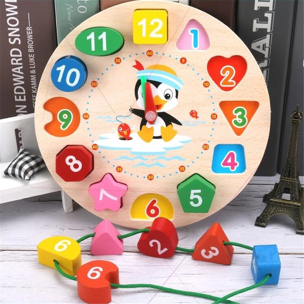 

Montessori Cartoon Animal Educational Wooden Beaded Geometry Digital Clock Puzzles Gadgets Matching Clock Toy For Children Gift