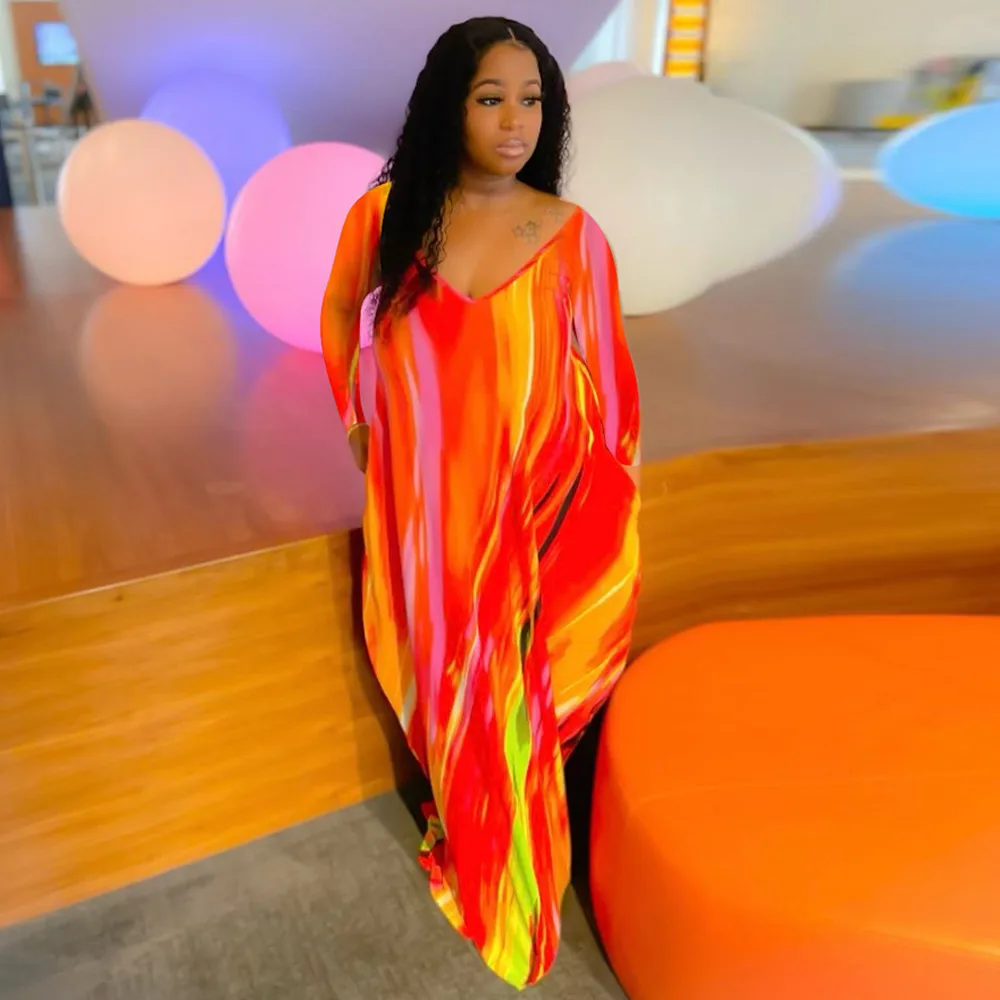 

Aesthetic Printed Casual Floor Length Dress Women Fall Deep V Neck Long Sleeve Maxi Dresses Streetwear Side Pocket Vestidos