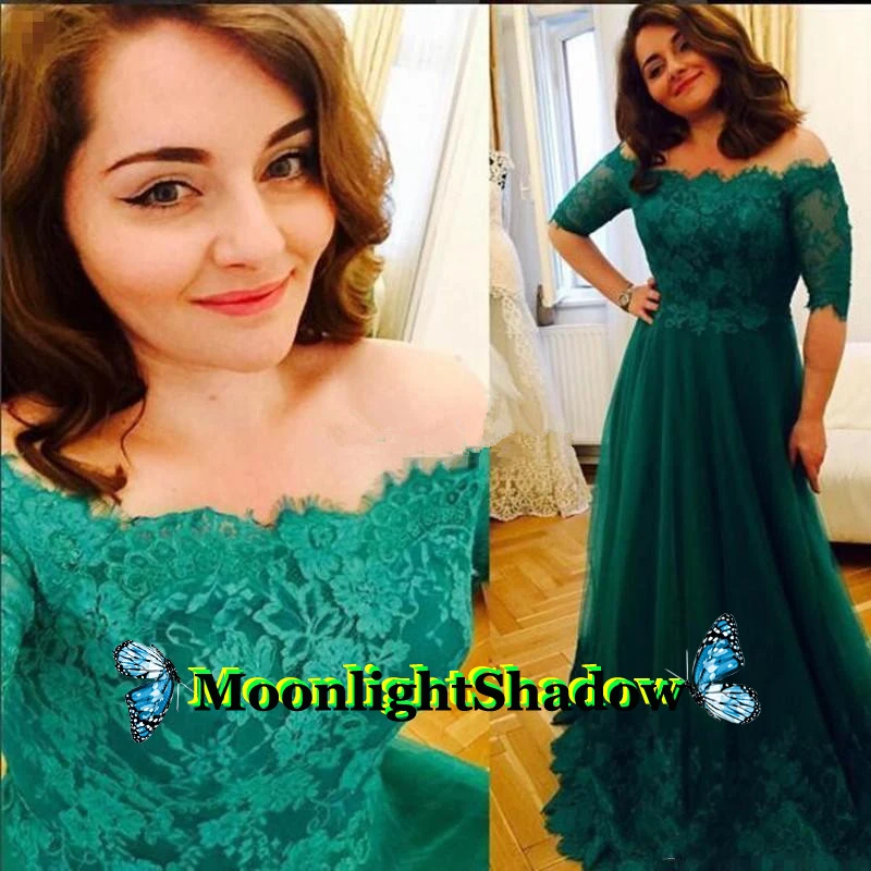 

Green Lace Backless Evening Dress Boat Neck Appliques Half Sleeves Dubai Arabic Saudi Arabian Vestidos De Festa Prom Plus