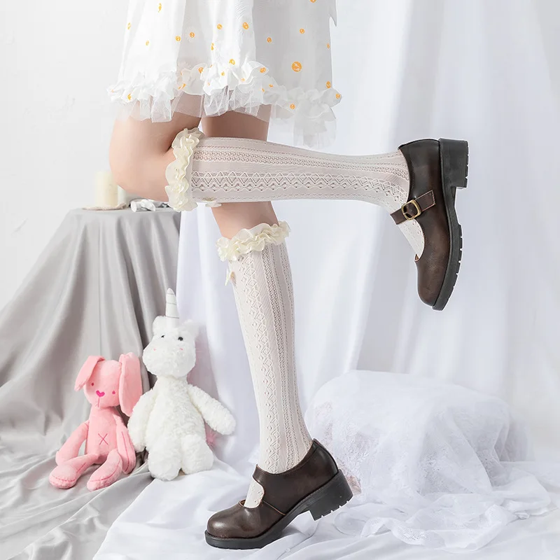Japan Lolita Lace  Stockings Women Sweet Kowknot High Knee  Socks Femme Elastic Long Socks Leg Pantyhose Stocking Streetwear