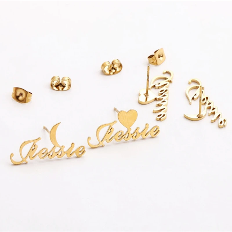 Женские серьги гвоздики с сердечком луной звездой короной и именем на