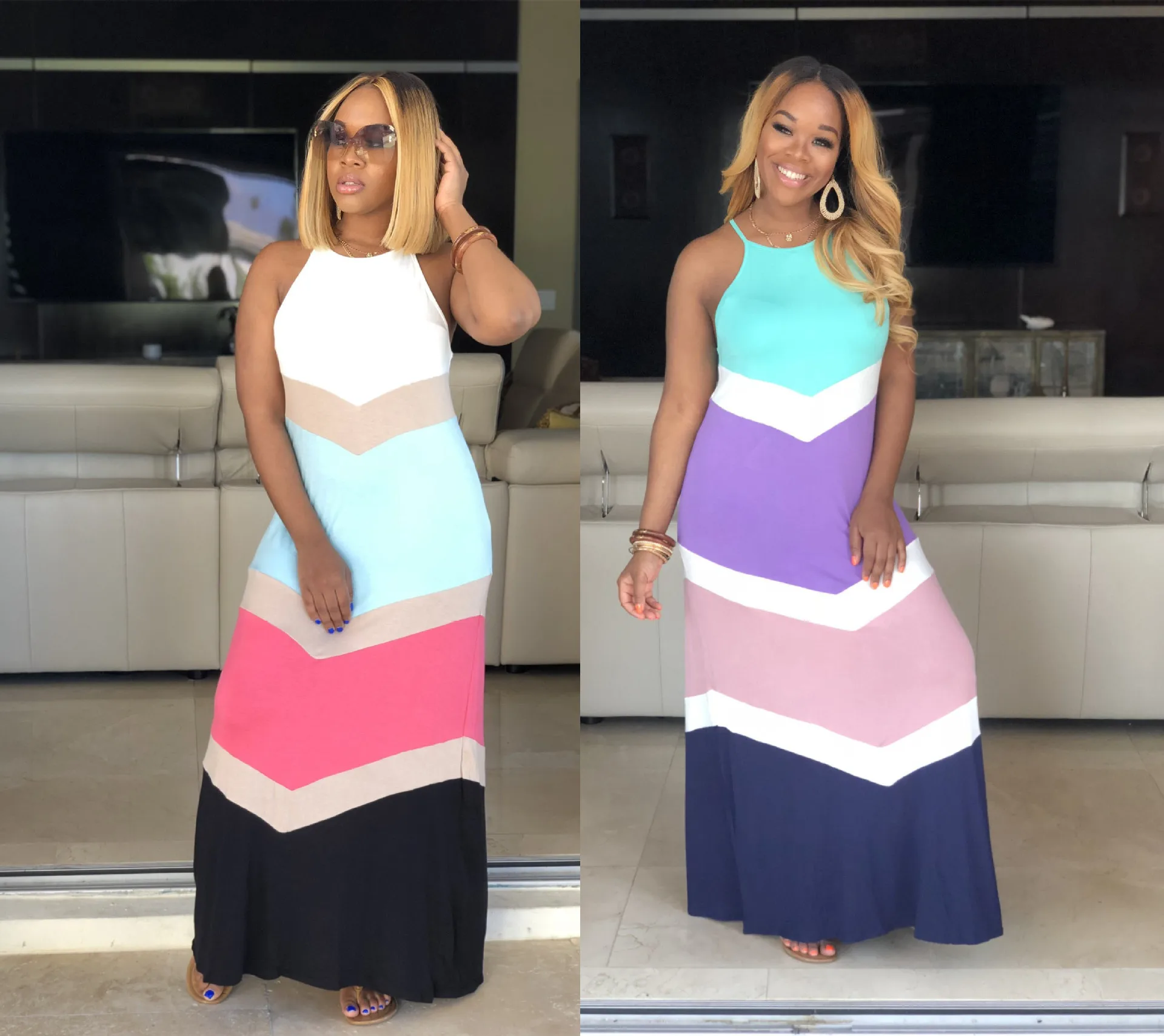 

S-XXXL Women's Sleeveless Halter Neck T stripe Print Maxi Dress