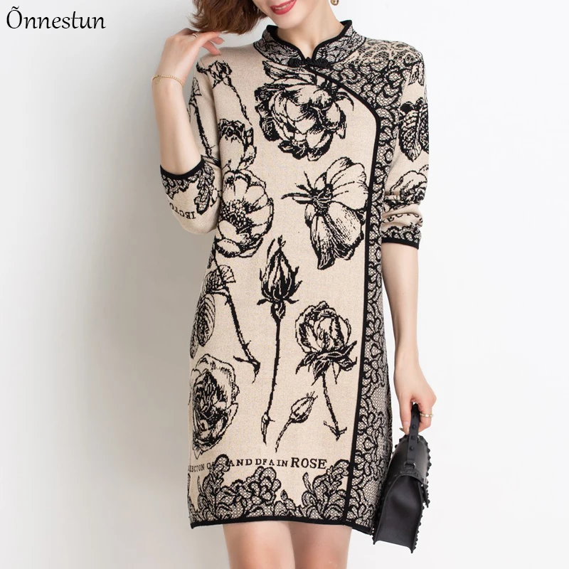 

Женское длинное платье-свитер с цветочным принтом, с длинным рукавом