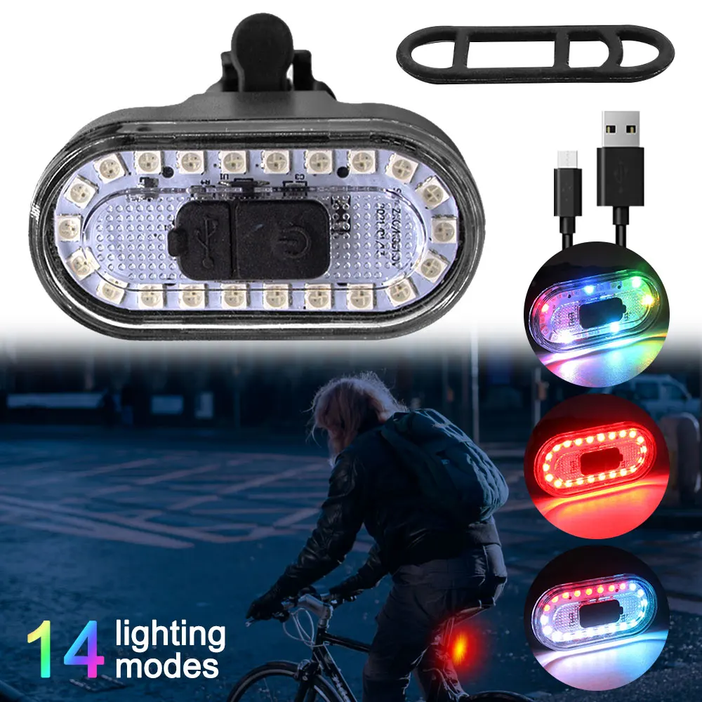 

USB Rechargeable Bicycle Taillight 14 Modes Cycling Rear Lamp Waterproof Riding Safety Warning Light