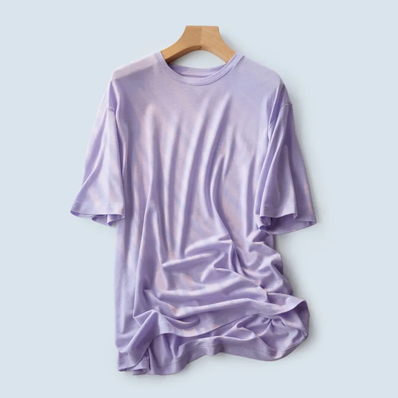 

2021 Loose Oversized T-shirt Silk Female Short Sleeve Women's Sweatshirt Simple Casual Round Collar T Shirts