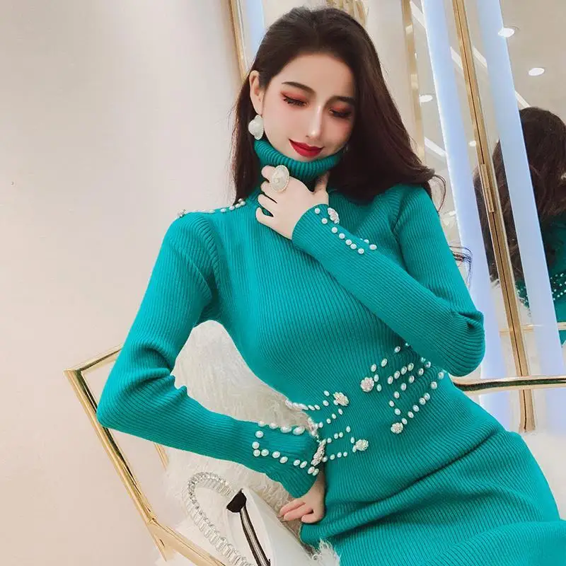 

2021 Winter Women Turtleneck Knitted Dress Long Sleeve Casual Sweater Dress Korean Side Split Solid Loose Dresses Vestidos S252