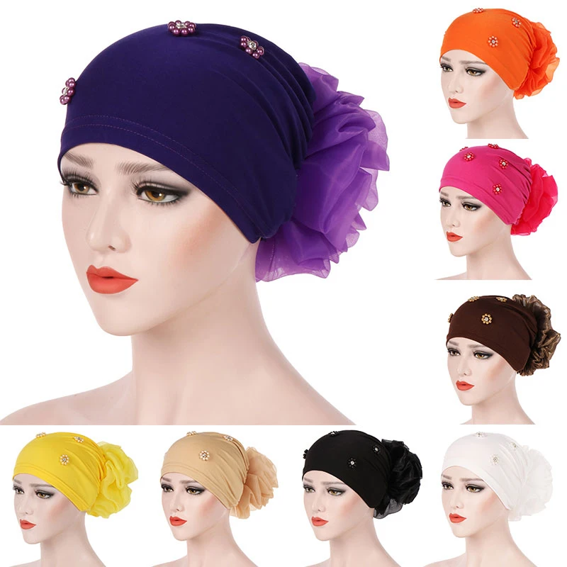 

Pan Flower Hat Women Stylish Solid Color Bandana Hat Skin-friendly Fabric Flower turban Beaded Beautiful Nice Beads Baotou Cap