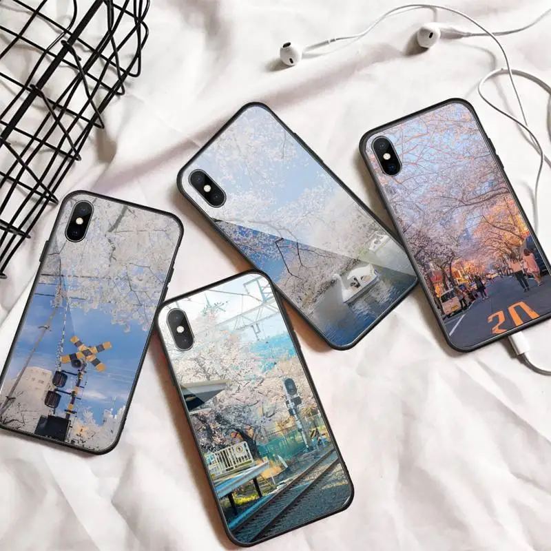 

Japanese cherry blossom street view Phone Case Tempered glass For iphone 6 7 8 plus X XS XR 11 12 13 PRO MAX mini