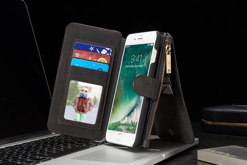Роскошный кожаный чехол с 14 отделениями для карт для iPhone 7, 8, 6, 6S Plus, флип-сумка на молнии для iPhone X, XS, Max, XR, многофункциональный чехол для телефона