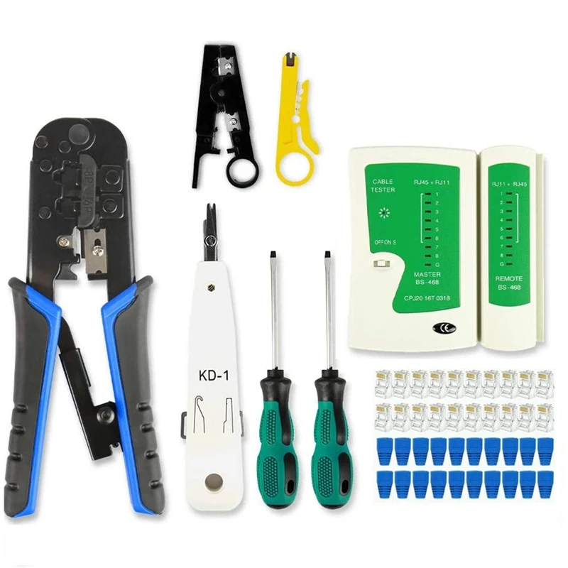 

TOP RJ45 Crimp Tool Kit Cat5 Cat5E Crimping Tool,RJ-11,6P/RJ-12,8P/RJ-45 Crimp Tool,Network Cable Tester and Wire Stripper