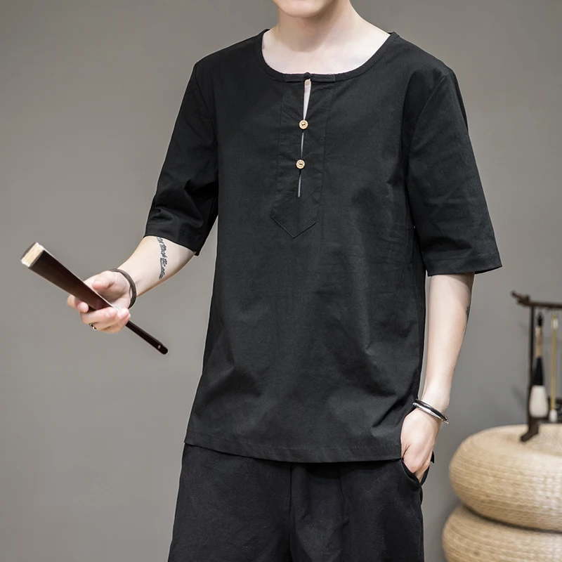 

Футболка мужская из хлопка и льна, белая рубашка в стиле Харадзюку, лето