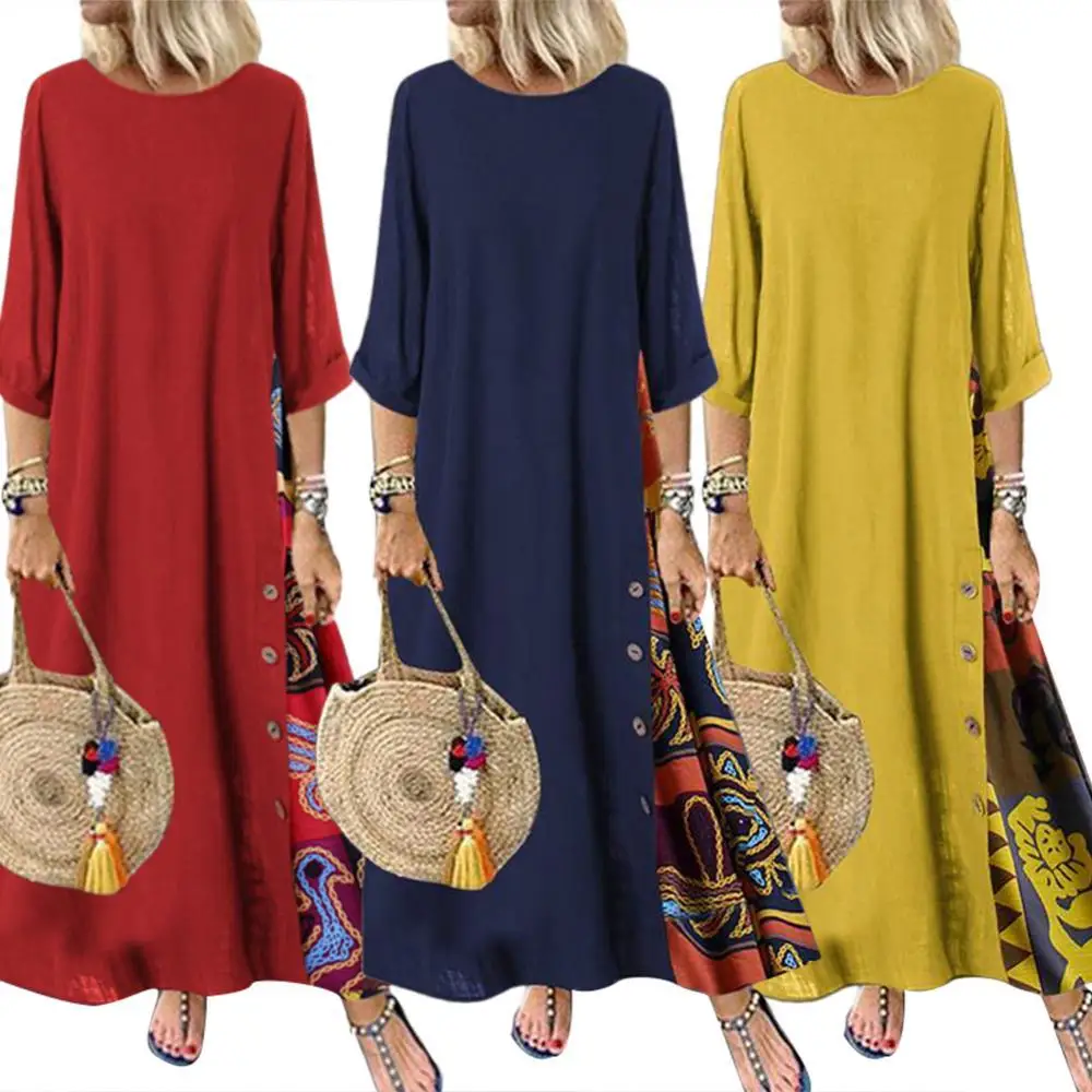 

80% 2021 Hot Sell Off Plus Size Women Vintage O Neck 3/4 Sleeve Side Buttons Printed Loose Long Dress Oriental Dresses