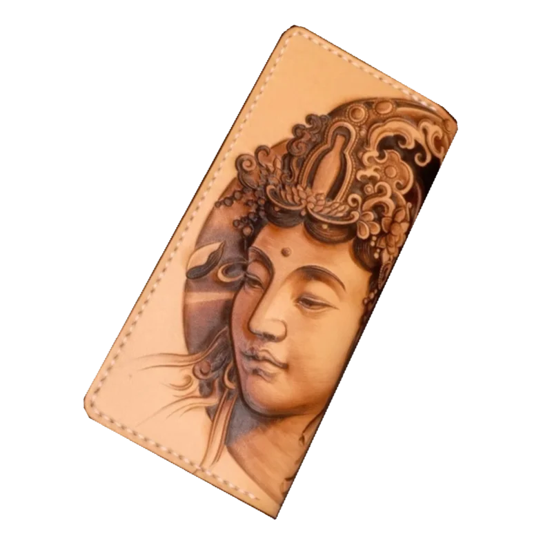 

2023 Handmade Wallets Carving Bodhisattva Lotus Purses Men Long Clutch Vegetable Tanned Leather Wallet Card Holder