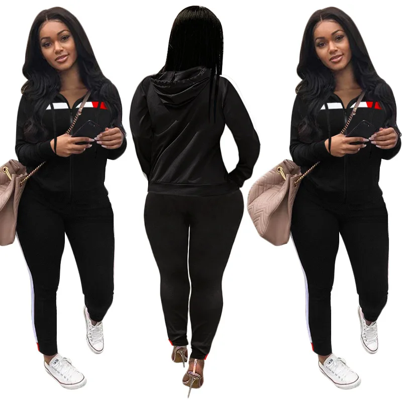 

European and American women's spring and autumn casual simple stitching sports hooded zipper jacket + trousers two-piece suit