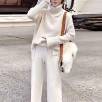 2 pieces set women knitted tracksuit turtleneck sweater carrot jogging pants pullover sweater set knitted outwearpant suit