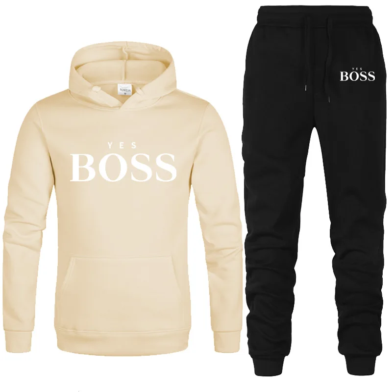 

New Yes Boss Pullover Men Fashion Tracksuit Men Casual Sportswear Male Hoodies+Pants Sets Man Patchwork Hooded Sweatshirt Suits