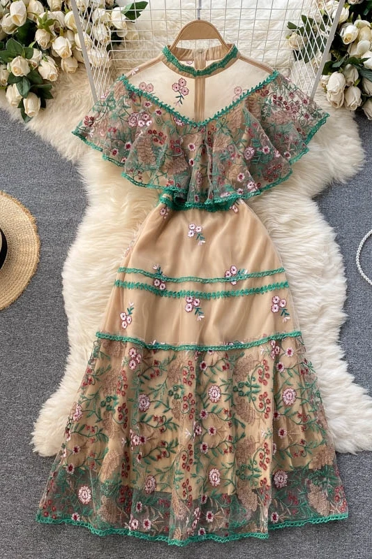 

Palace Style Chic Embroidery Ruffled Maxi Dress Female 2021 New Summer Women's Vintage High-End Cape Robe Party Dress Vestidos