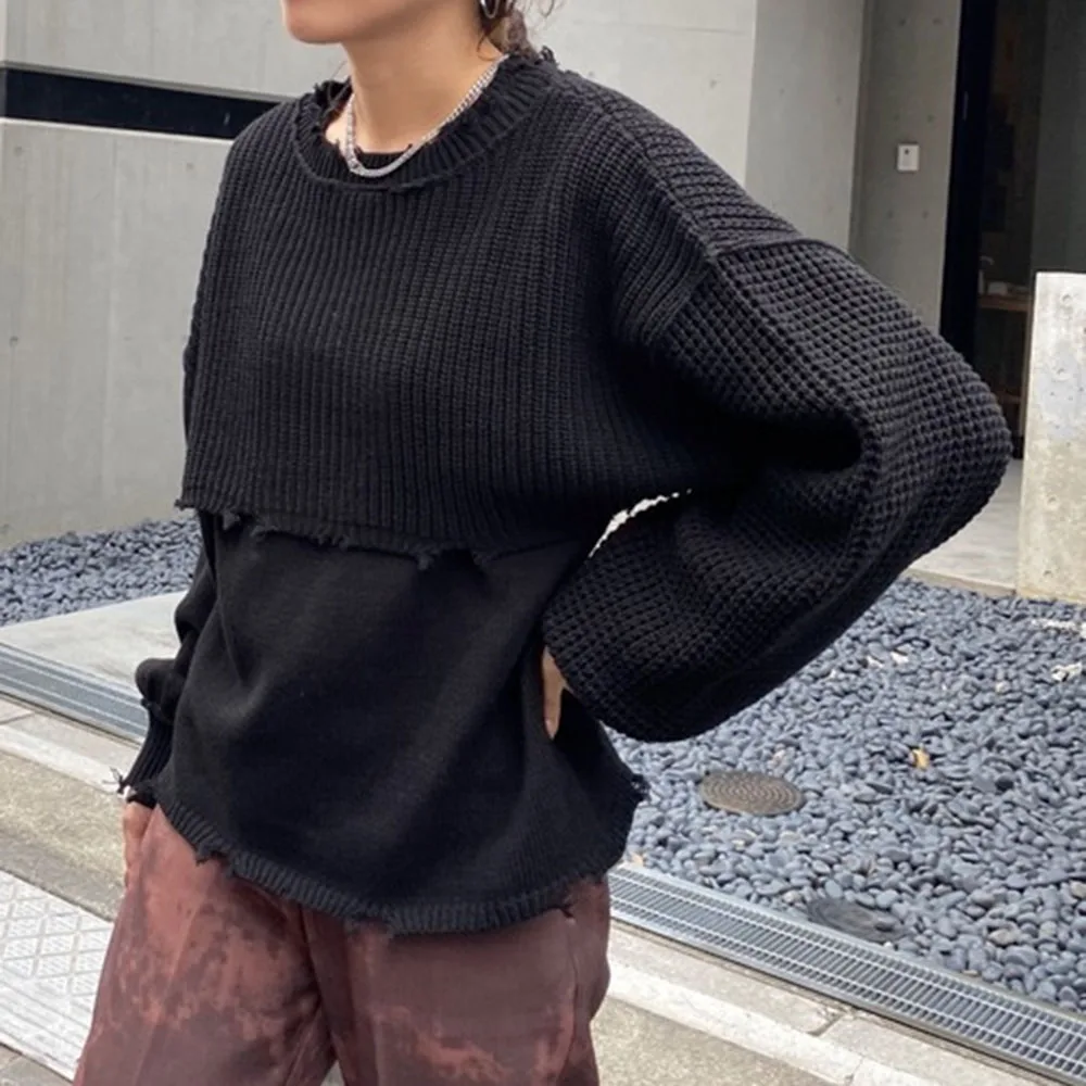 

Women's Vest Knit Sweater Lantern Long Sleeve Blouse Two-piece 2020 New Japanese Simple Female Knit Tops Front And Back Two Wear