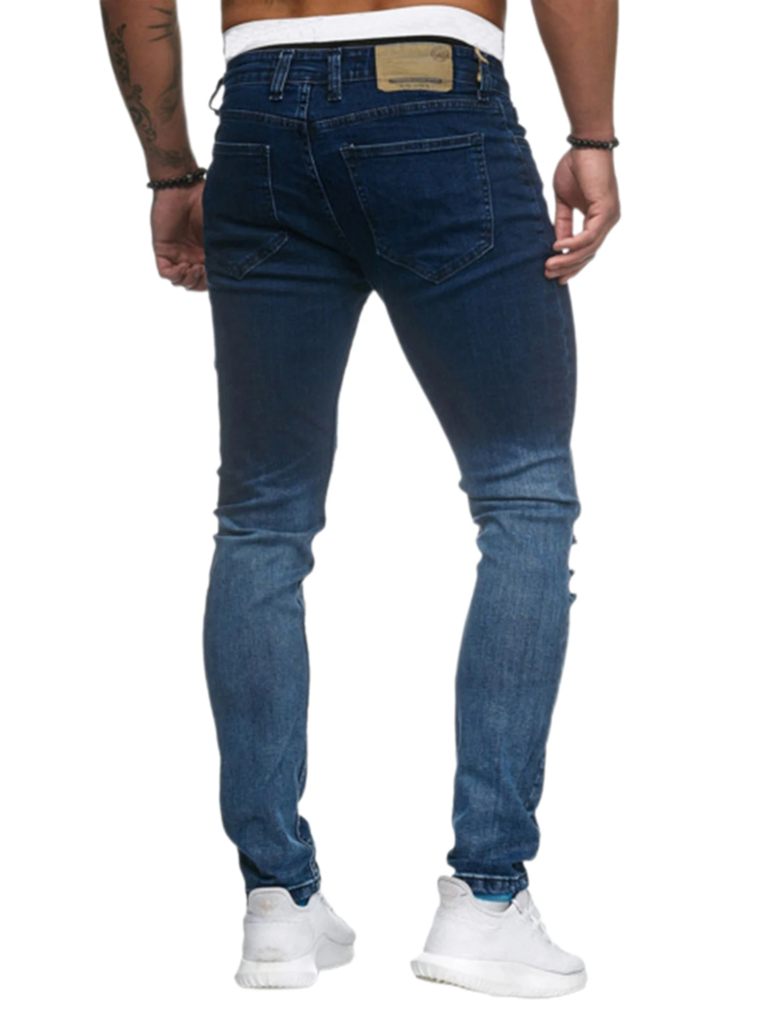 

New Fashion Men's Distressed Biker Jeans Casual Straight Fit Gradient Skinny Denim Pants with Knee Ripped Holes