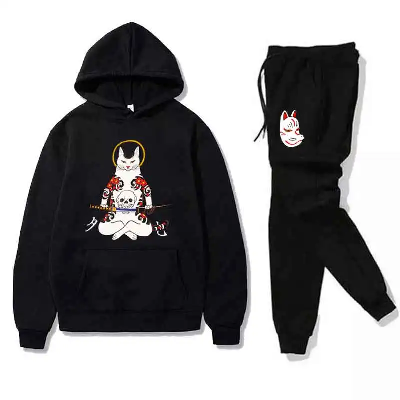 Черный Японский Ukiyo-E тату Кот Мужские наборы Толстовка+ штаны Harajuku Тигр спортивные костюмы повседневные толстовки спортивный костюм спортивная одежда - Цвет: Черный