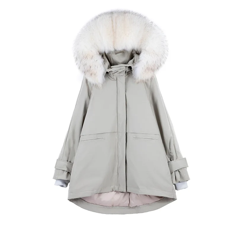 beige TopFurMall) зимние женские парки пуховики куртки Толстовка с мехом енота Дамский Плащ шаль Верхняя одежда Пальто LF9184 - Цвет: beige