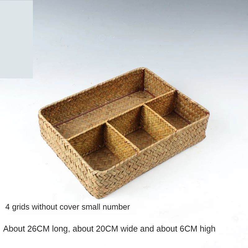 

Lidless storage basket straw with a cover inside the three compartment storage box