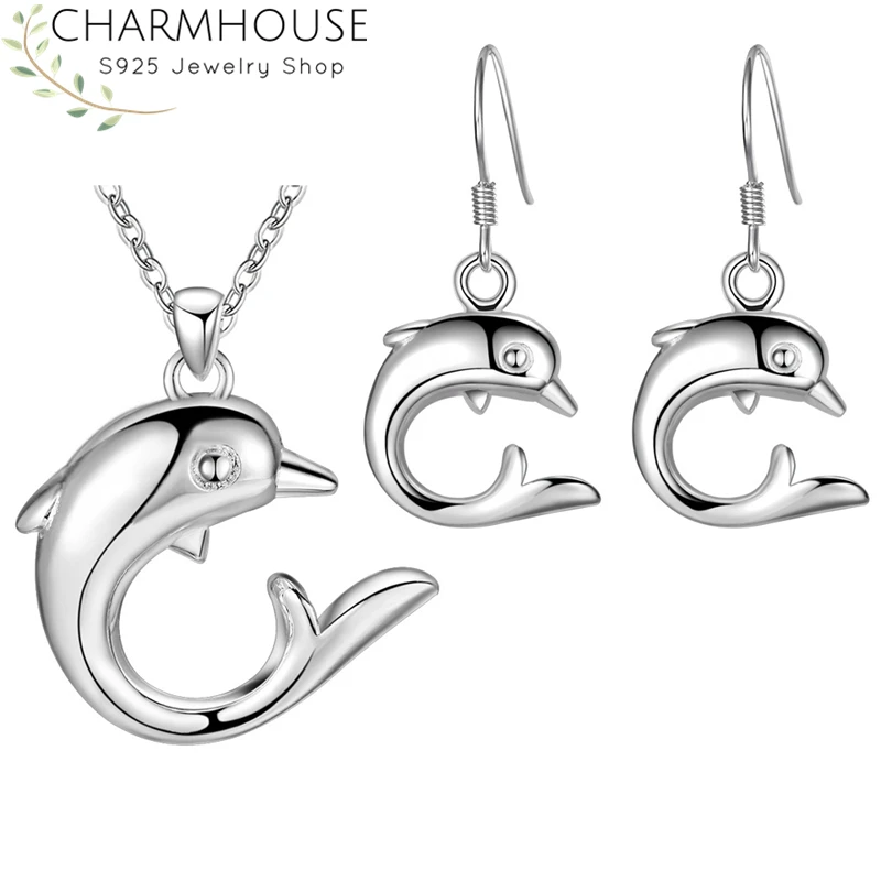 Комплект из колье и серёг с дельфином серебро 925 пробы | Украшения аксессуары