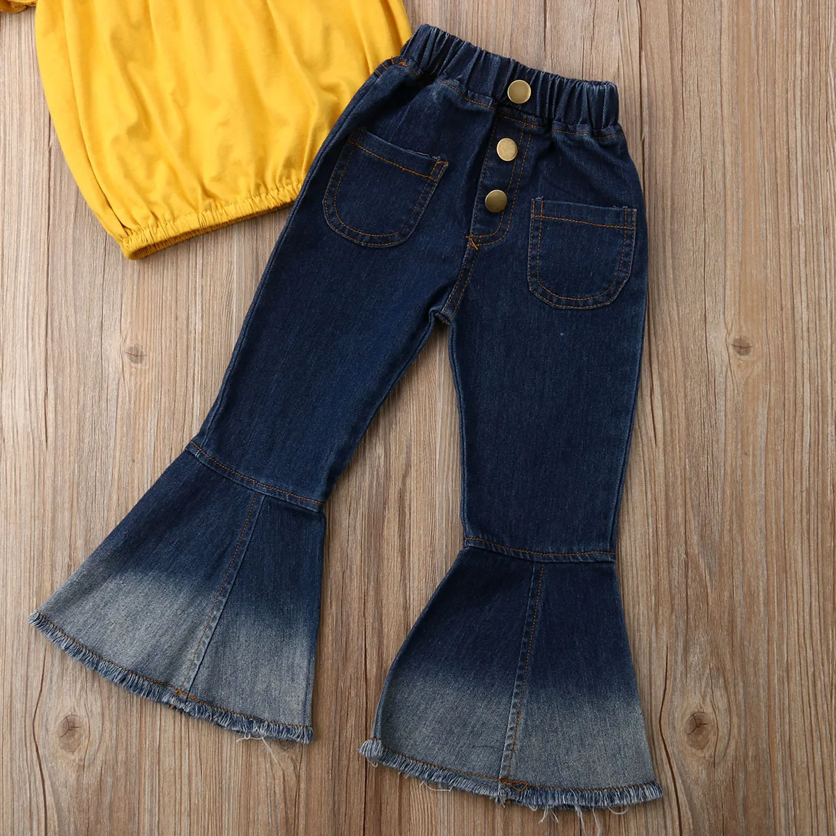 

Baby Girls Clothes Set Off Shoulder Tops T-Shirt Denim Flare Pants Trousers Jeans 2-7Y Kids Children Summer Autumn Casual Outfit
