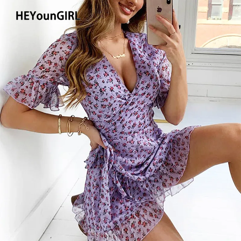 Летнее асимметричное свободное платье HEYounGIRL с оборками женские мини платья