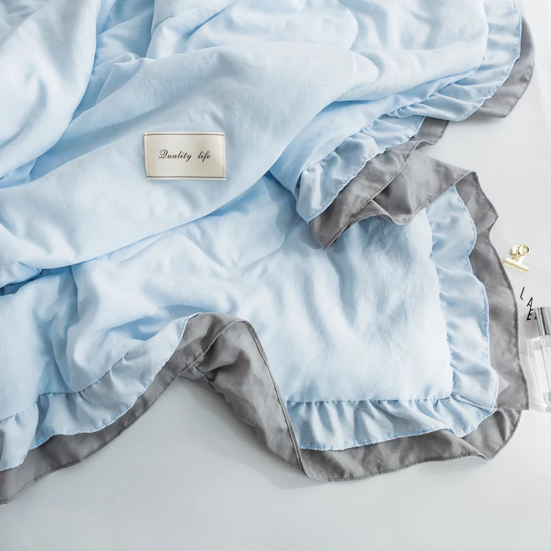 Хлопковое летнее одеяло с простым мытьем однотонное синее мягкое покрывало для