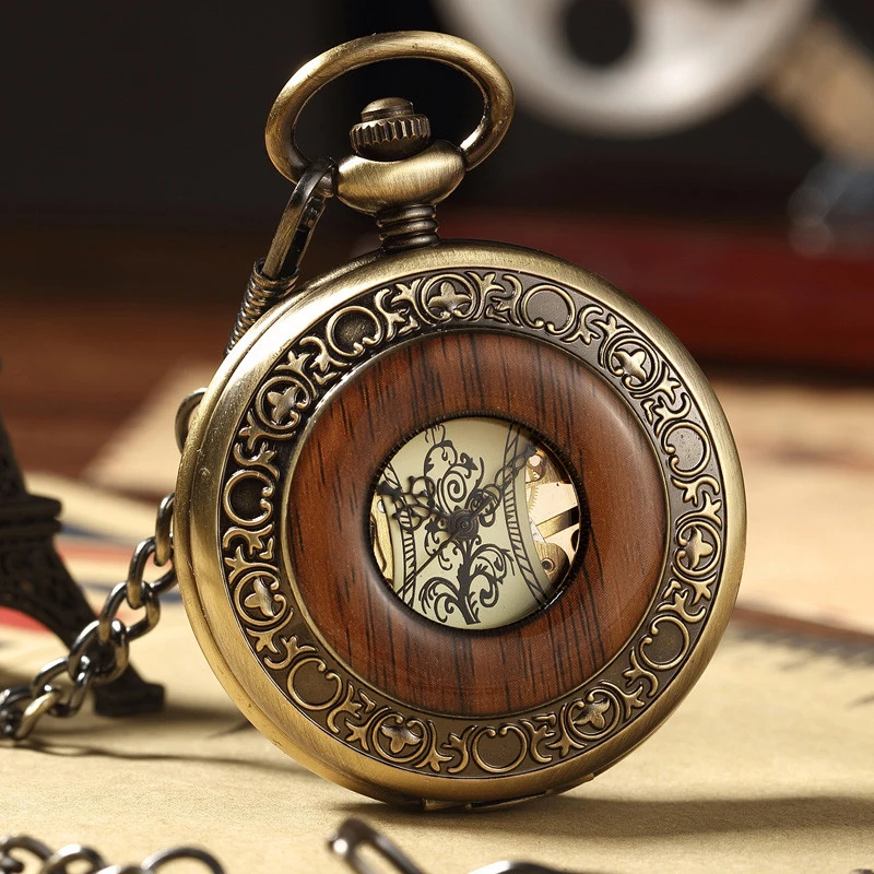 Antique Wood Mechanical Pocket Watch for Collection Roman Numerals Wooden Skeleton Dial Fob Clock with Gift Box for Dropshipping