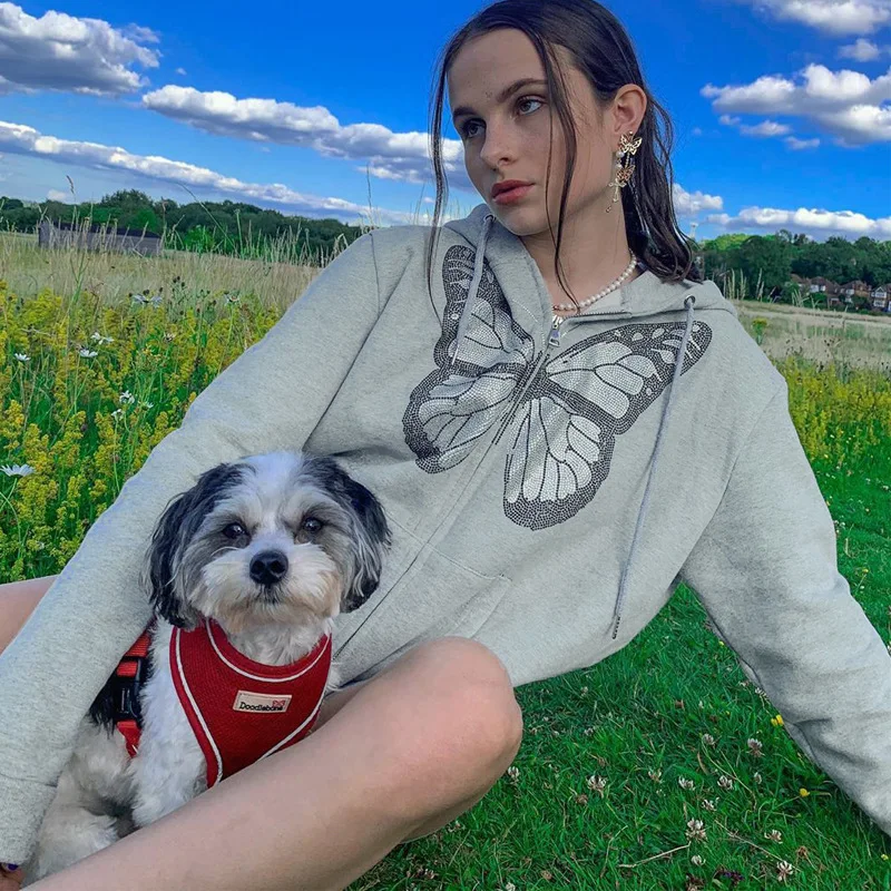 Y2K Fashion Butterfly Graphic Rhinestone Zip Up Hoodies E-girl 90s Sweetshirts Harajuku Grey Jacket Autumn Oversized Hoodie Tops