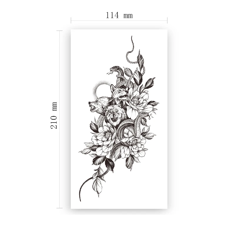 

Wolf Pack Snake Animal Temporary Tattoo Sticker Black Flower Leaves Fake Tattoos Waterproof Tatoos Arm Large Size for Women Girl